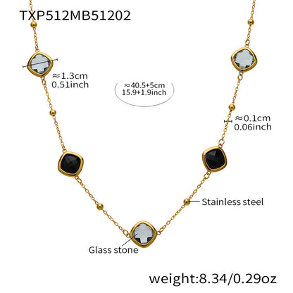 B廠【TXP512】不銹鋼正方形切面玻璃石手鍊項鍊耳環套裝歐美風潮酷氣質珠寶首飾
 25.12-2