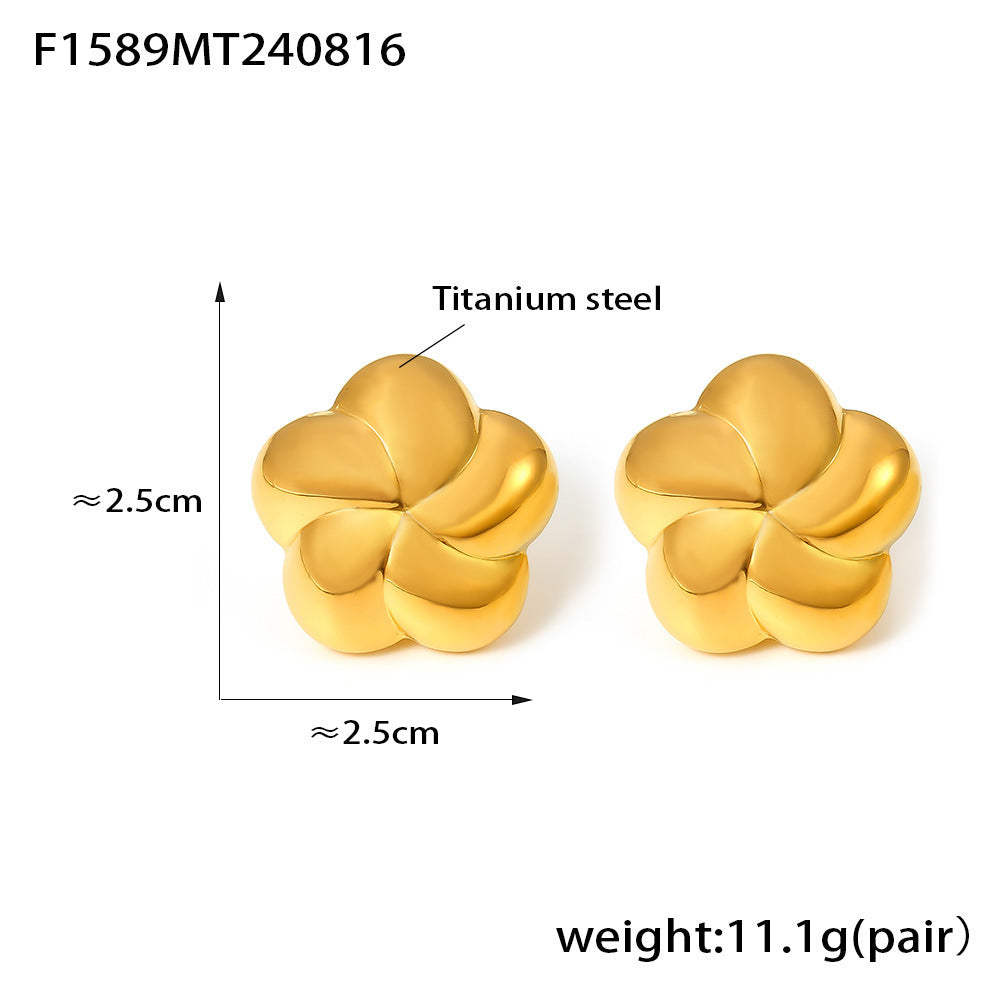 B廠【F1589】歐美五瓣花耳飾鈦鋼18K Gold Plated PVD立體旋轉空心花朵耳環女 24.08-4