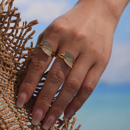 B廠【A724】新款飾品不鏽鋼葉子造型5A鋯石超閃滿鑽側開口戒指鍍18k金 25.05-1