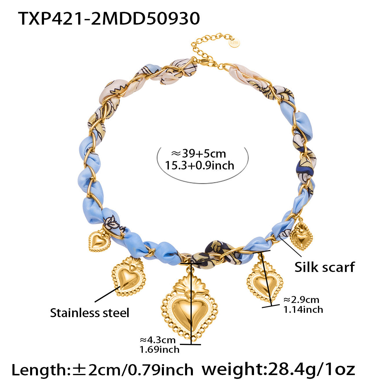 B廠【TXP421】歐美復古絲巾不銹鋼多愛心吊墜項鍊手鍊設計小眾首飾套裝女
 25.10-3
