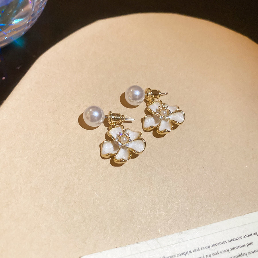 A廠【HE26463】925銀針鋯石珍珠滴油花朵耳環甜美氣質輕奢高級感耳環時尚小眾耳飾女 25.05-3
