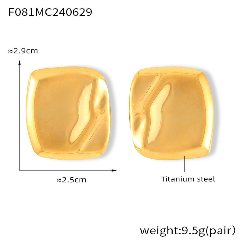 B廠【F081】歐美跨國簡約設計方形褶皺光面耳環鈦鋼18k鍍金個性氣質耳環 24.07-1