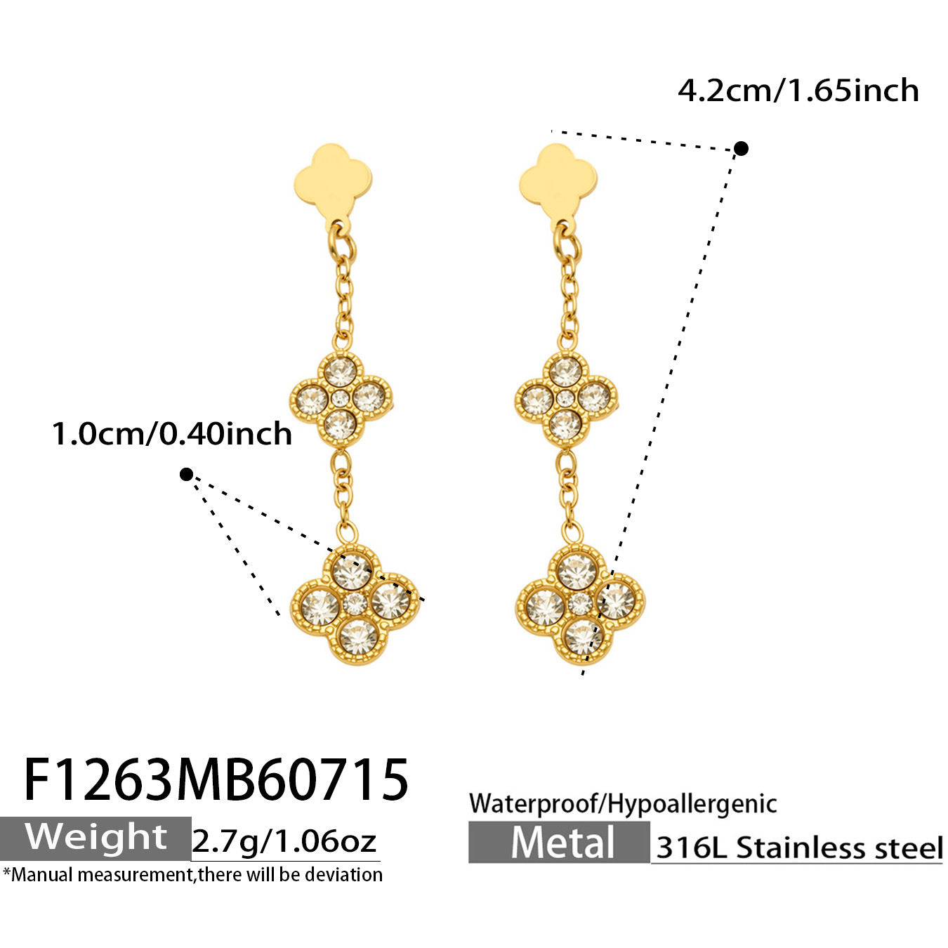 B廠【F1263】小花帶鑽鑲嵌鋯石吊墜耳環不鏽鋼鍍18k金歐美時尚輕奢耳環飾品女
 26.07-4