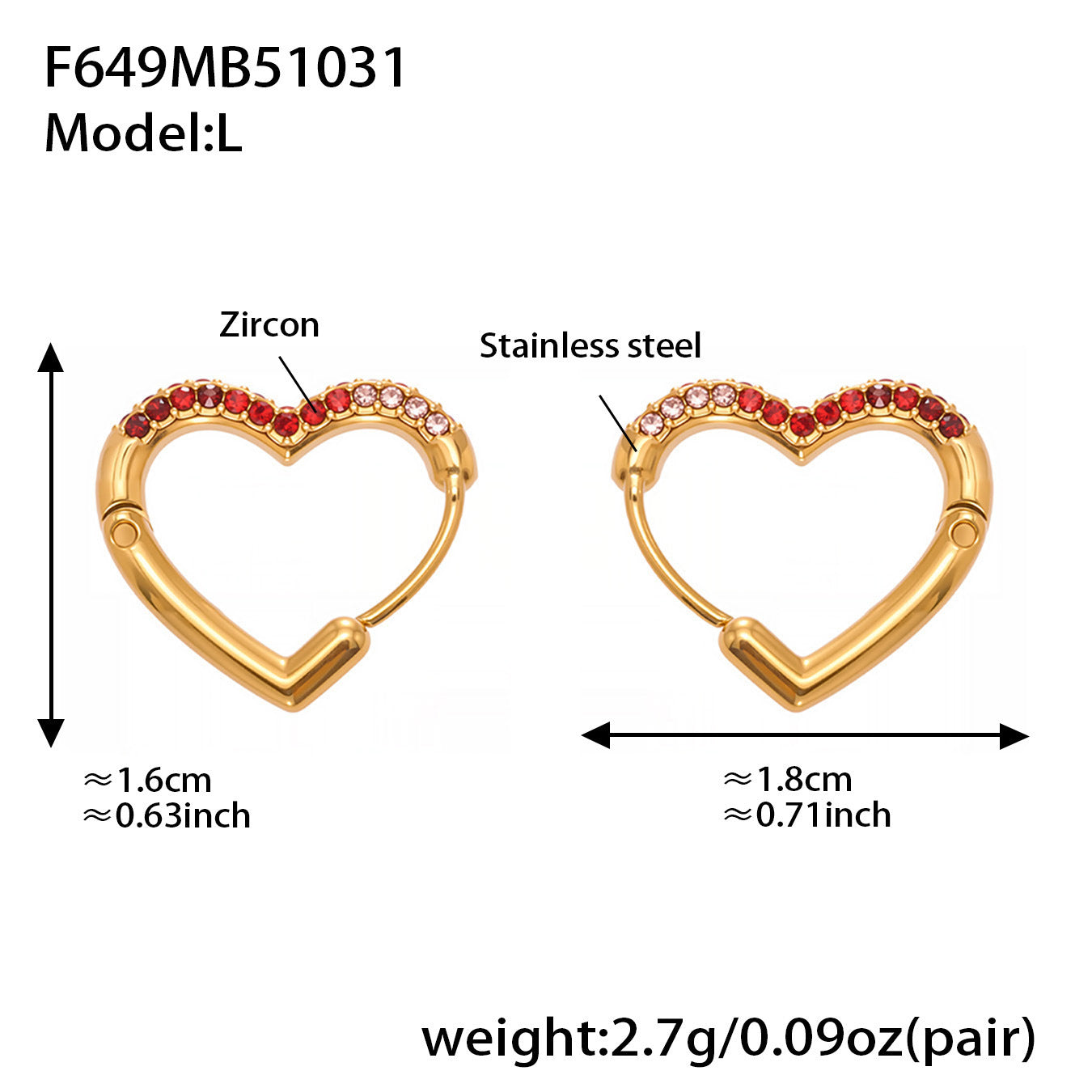 B廠【F649】跨境新款愛心彩色鋯石耳環耳環不鏽鋼鍍18k金時尚百搭耳飾
 25.11-1