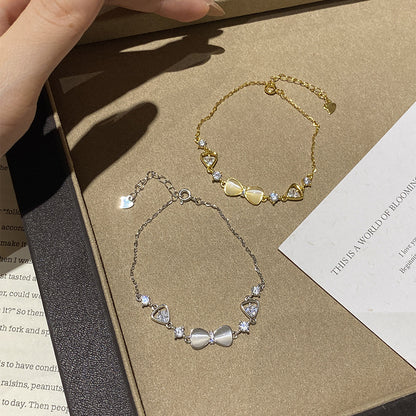 E廠【DQ0048S】法式輕奢蝴蝶結仿貓眼石手鍊S925純銀精緻閃銀色時尚手飾女 25.07-4