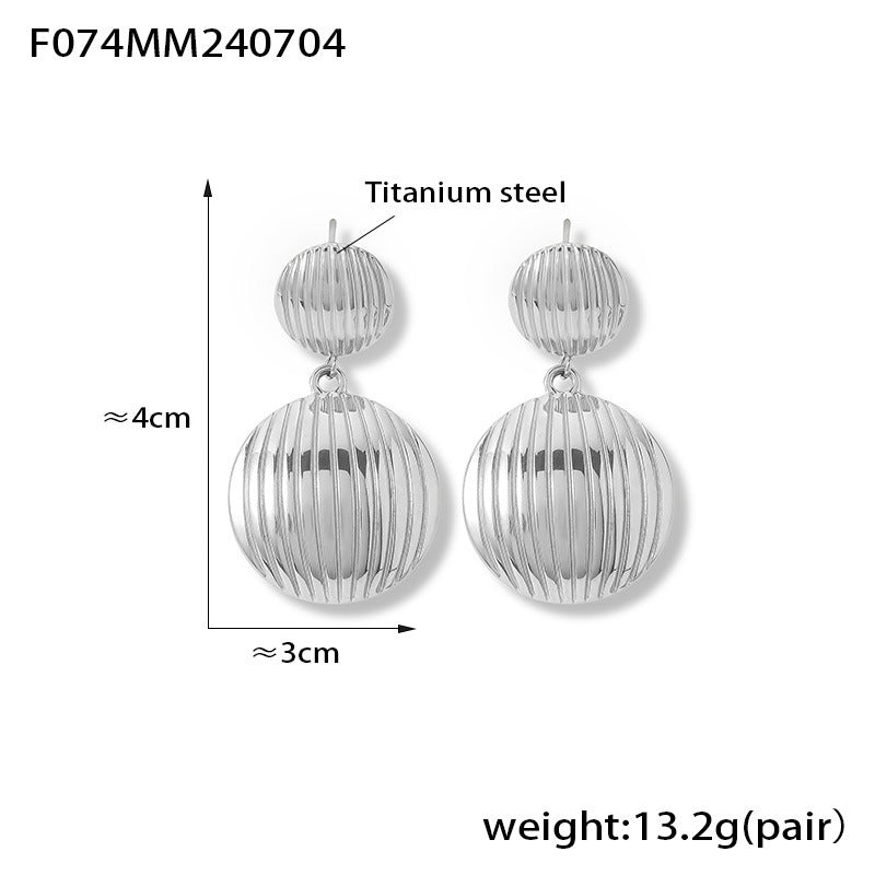 B廠【F074】歐美小眾設計大小拼接圓牌條紋耳環鈦鋼輕奢氣質甜美風個性女耳環 24.07-2