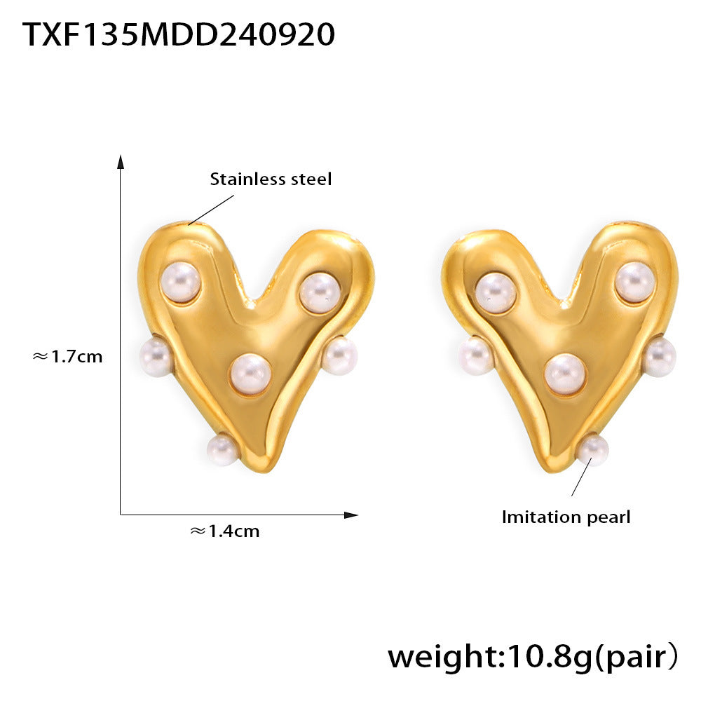 B廠【TXP135】歐美風新款愛心鑲仿珍珠首飾不鏽鋼PVD電鍍項鍊耳環戒指手鍊套裝 24.09-4