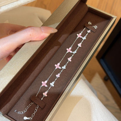E廠【XDQ0071S】S999純銀夜光琺瑯漸層粉蝴蝶手鍊女精緻輕奢花朵疊戴百搭手飾 26.07-2