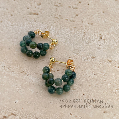 A廠【5406】春款~森系草木綠天然石瑪瑙新中式個性旅遊景點耳環耳環 25.01-1