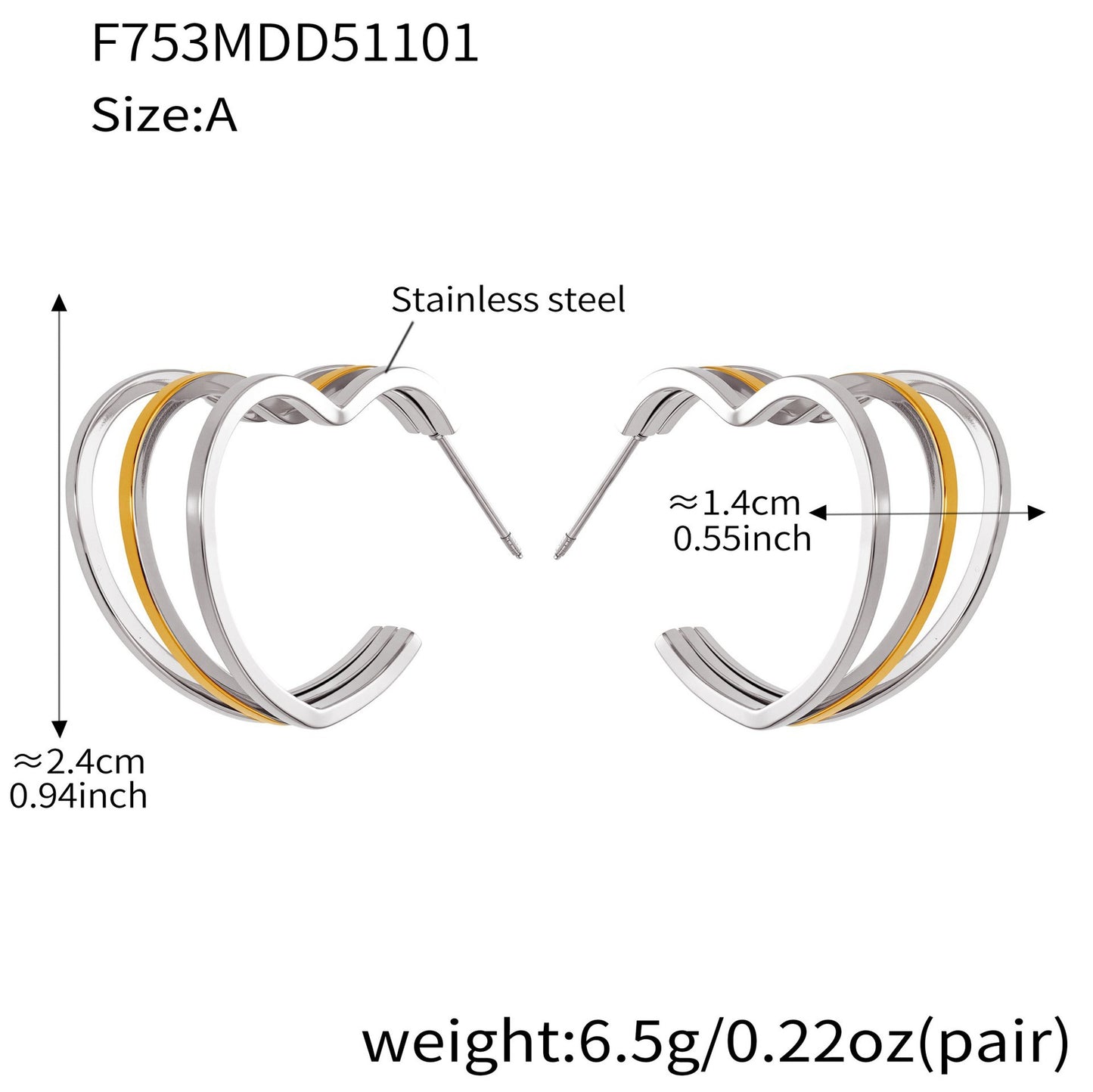 B廠【F753】ins風小眾設計三層愛心耳環不鏽鋼18k鍍金耳環不掉色耳飾
 25.11-1