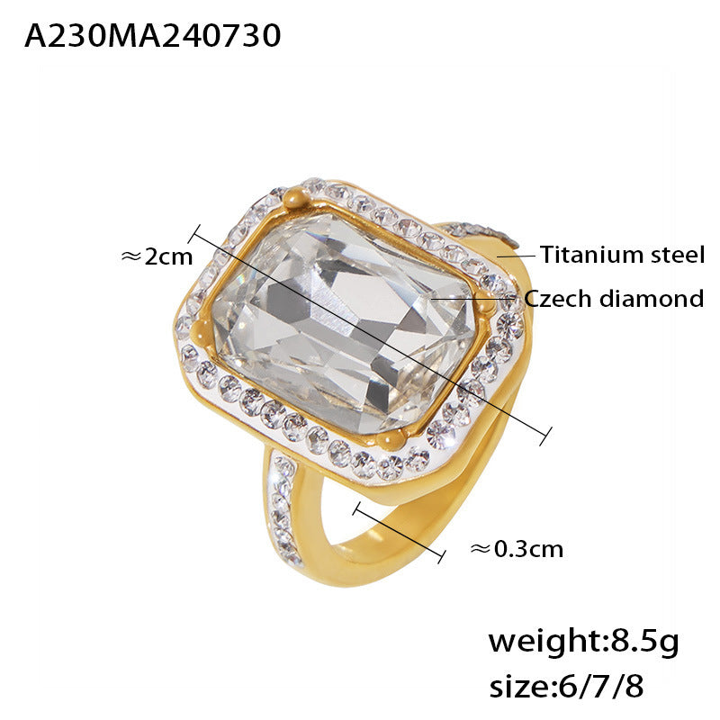 B廠【A230】歐美跨國新款長方形鑲大鑽戒指小眾輕奢感鈦鋼鍍18k金宮廷風指環 24.08-2