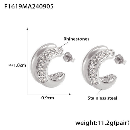 B廠【F1619】歐美復古雙C黏鑽耳環時尚氣質不銹鋼18K金月牙狀不掉色簡約耳飾女 24.09-2