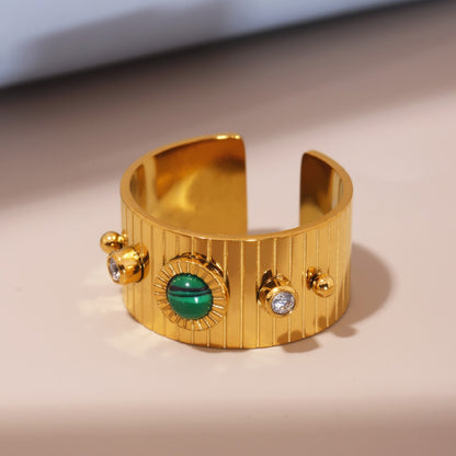 B廠【A802】天然綠松石長條紋鋯石開口可調式戒指不鏽鋼個性霸氣配件品 25.03-3