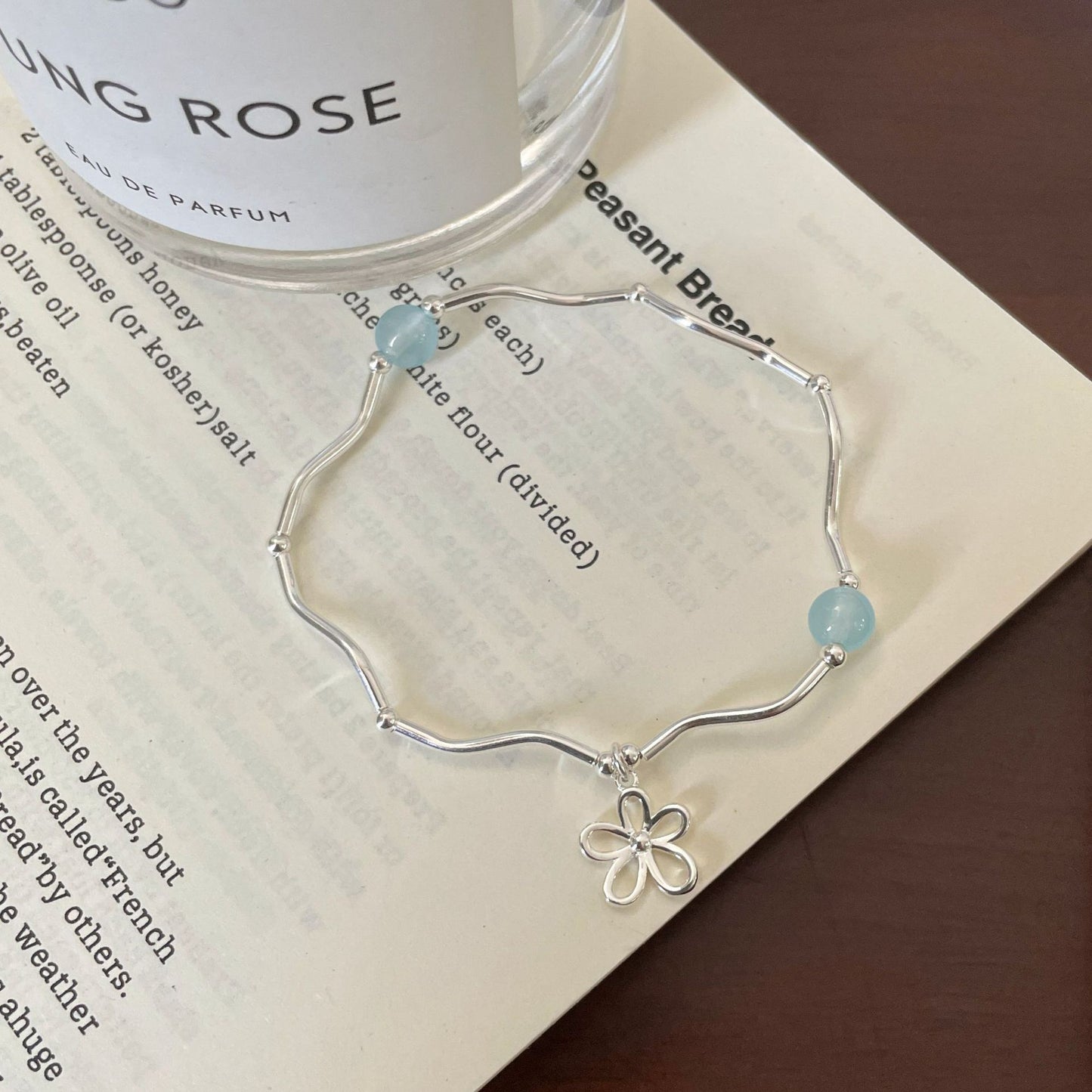 F廠【DQ0458S】S925純銀韓版鏤空花朵彎管手鍊女氣質高級感海藍石百搭手飾潮
 25.10-3