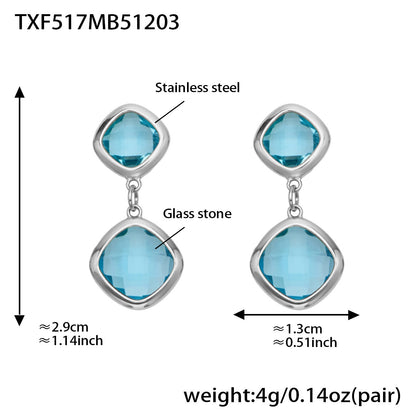 B廠【TXP517】不銹鋼方形切麵包邊玻璃石吊墜耳環項鍊手鍊珠寶首飾套裝鍍18k金
 25.12-2