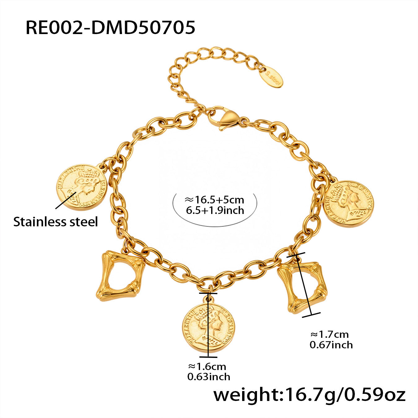 B廠【RE002】歐美飾品不鏽鋼26個字母伊莉莎白女王圖像手鍊鍍18k金色保色 25.07-3