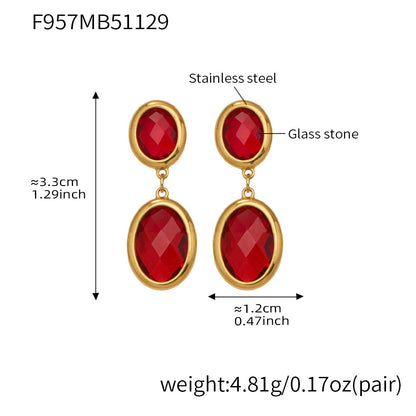 B廠【F957】不鏽鋼幾何橢圓吊墜切面玻璃石耳環ins小眾設計百搭耳飾鍍18k真金
 25.12-1