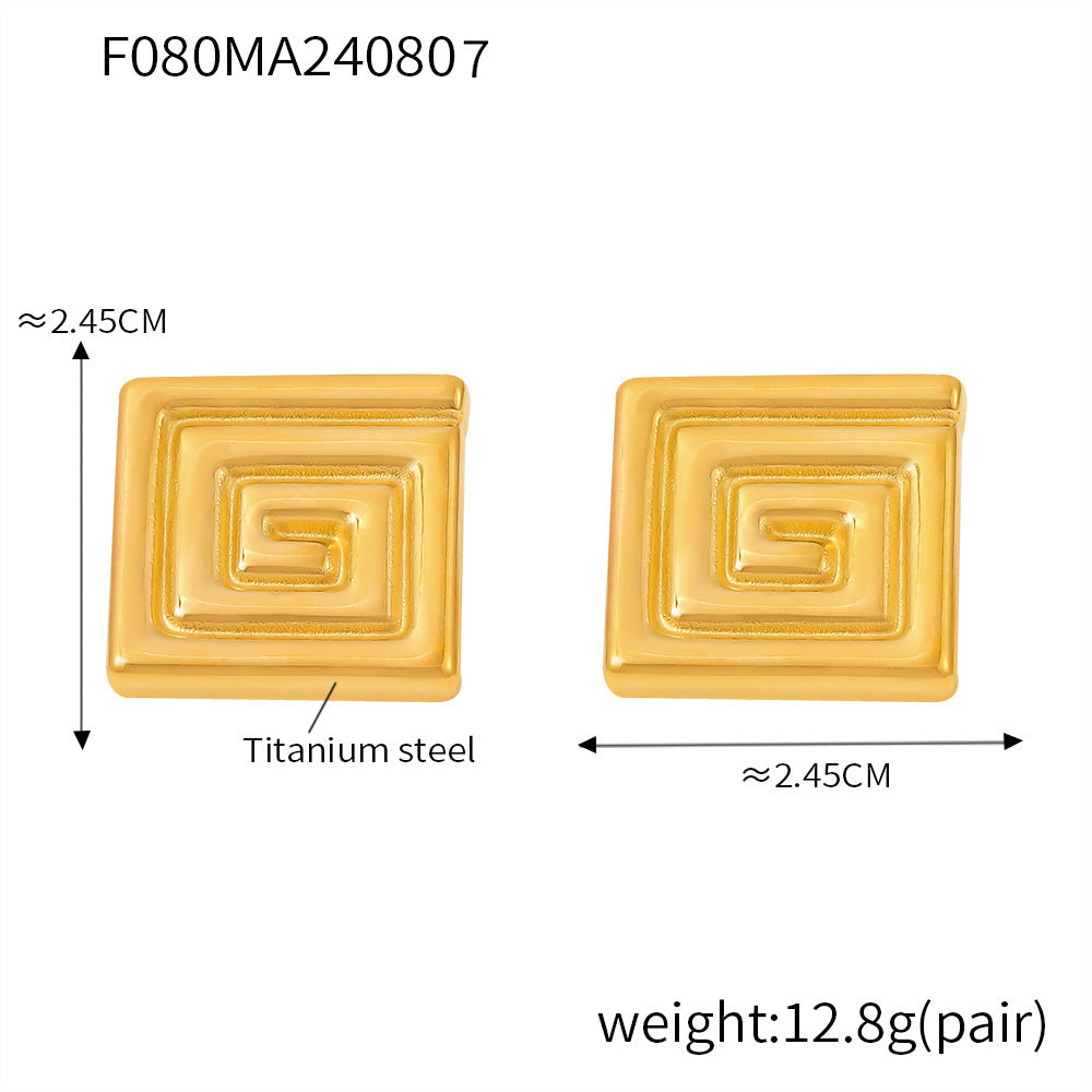 B廠【A080】歐美ins風小眾設計感迴旋紋方塊鈦鋼耳環戒指輕奢感18k鍍真金 24.08-3
