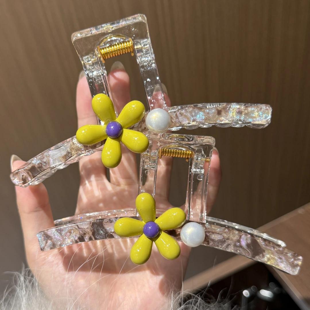 C廠【X531】黃綠色花朵抓夾女高級感鯊魚夾2026新款高品質後腦勺盤髮夾髮飾 26.07-1「C廠-單筆結帳需滿，NT$500出貨(不含運費)」