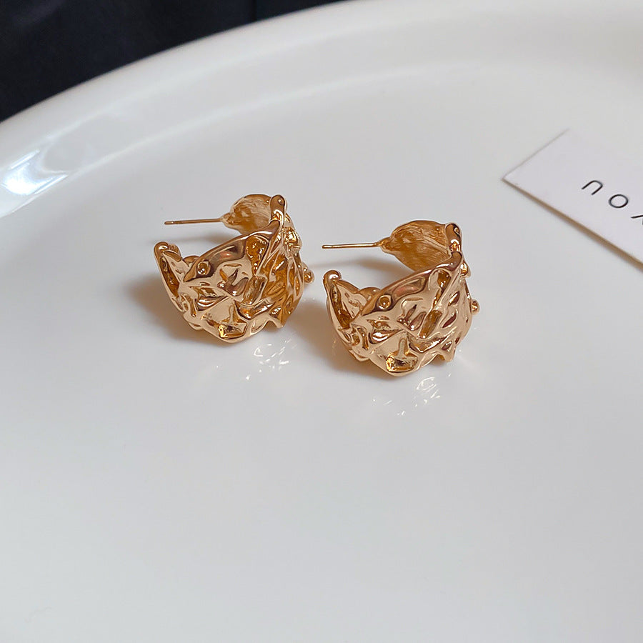 A廠【HE26210】925銀針金屬風褶皺C型耳環氣質輕奢高級感復古耳環耳環小眾設計感女 25.05-1