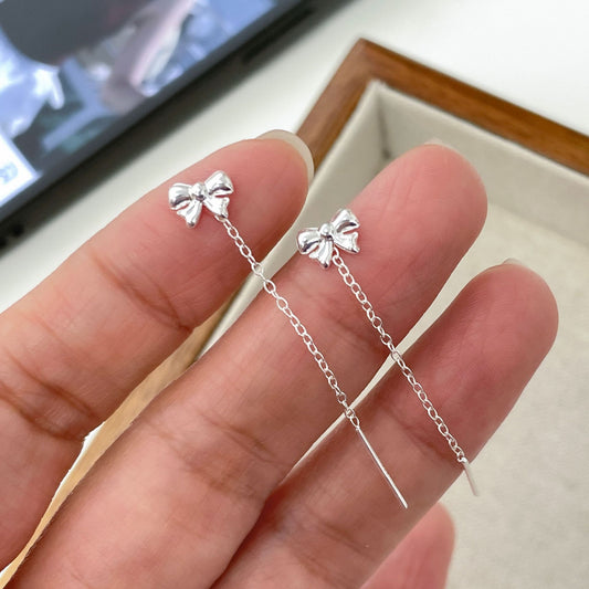 E廠【XDQ10128E】簡約小眾S999純銀蝴蝶結耳線女韓系ins高級感長耳環耳飾潮
 26.04-1
