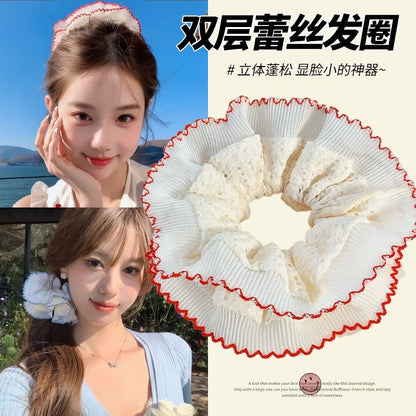 C廠【B151】【卡裝】雙層蕾絲大腸圈頭繩超大號法式鏤空髮圈丸子頭皮筋髮繩 25.05-3「C廠-單筆結帳需滿，NT$500出貨(不含運費)」