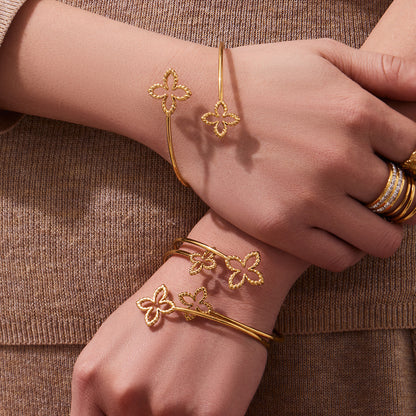 B廠【Z591】跨國個性簡約設計雙花鏤空開口手環不鏽鋼鍍18k真金時尚百搭手環
 26.03-2