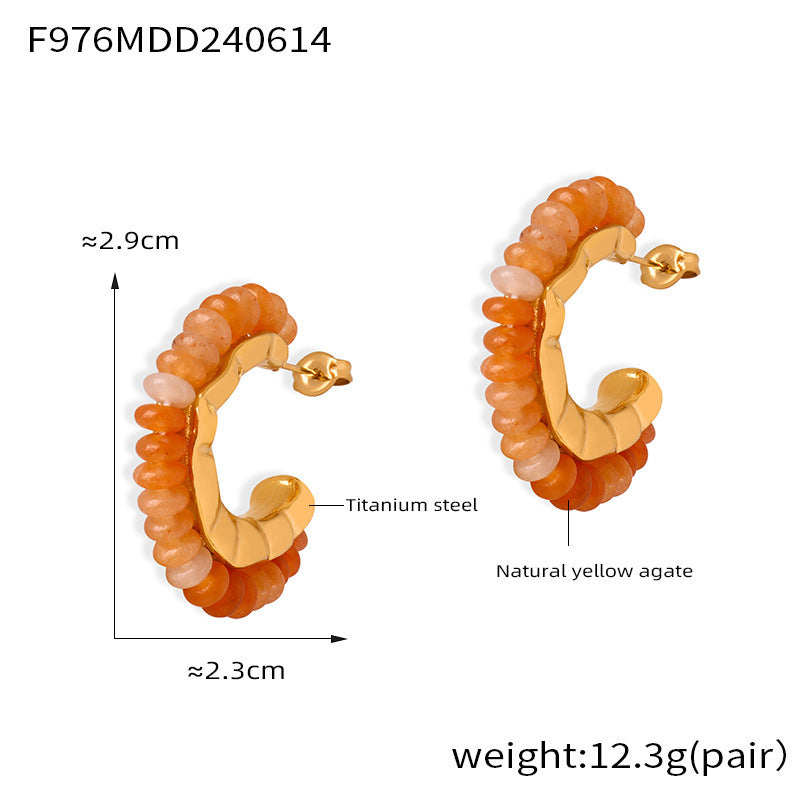 B廠【F976】歐美復古彩色天然石手工串珠耳環時尚小眾百搭鈦鋼C型鍍18k金耳飾 24.06-3