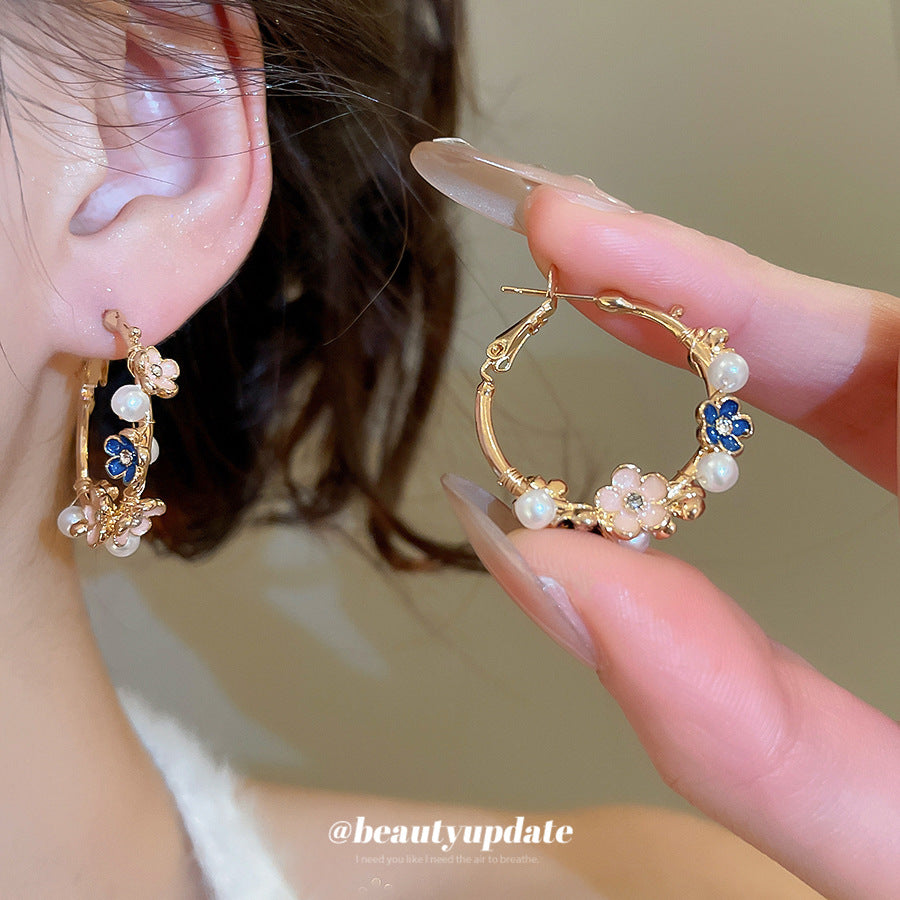 A廠【HE29162】925銀針滴油花朵圓形珍珠耳圈復古精緻優雅氣質耳環輕奢高級感女
 25.11-1