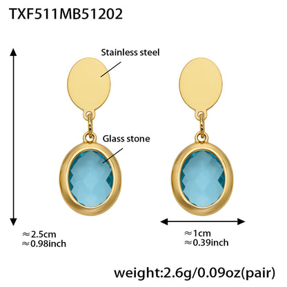 B廠【TXP511】不鏽鋼幾何橢圓切面玻璃石包邊項鍊手鍊耳環組鍍18k金跨國首飾
 25.12-2
