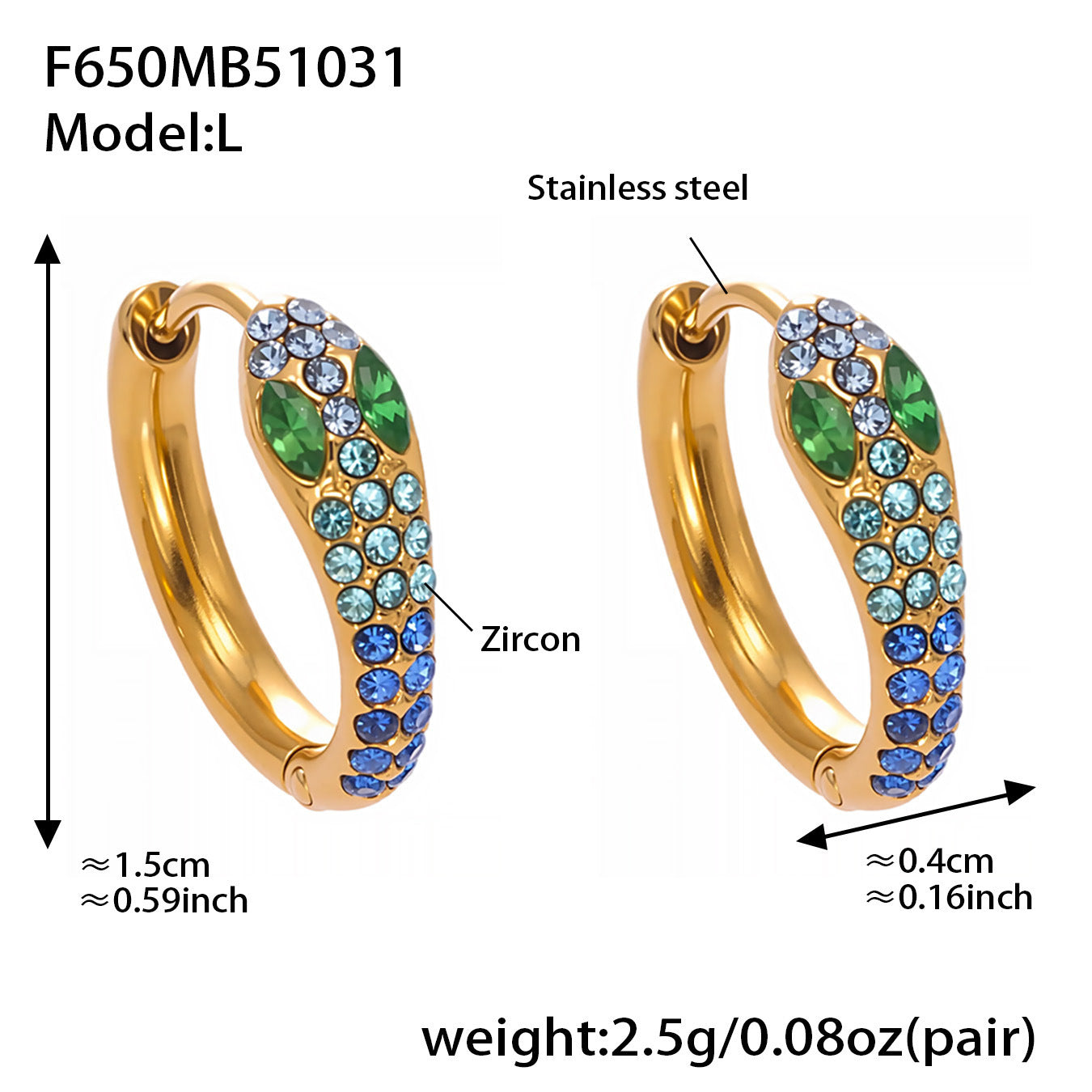 B廠【F650】彩色鋯石U形耳環不鏽鋼鍍18k真金蛇形滿鑽輕奢時尚百搭耳飾
 25.11-1