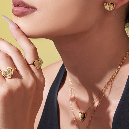 B廠【TXP446】小眾設計雙層愛心5A鑲鋯石戒指耳環項鍊不鏽鋼材質鍍18k金
 25.10-4