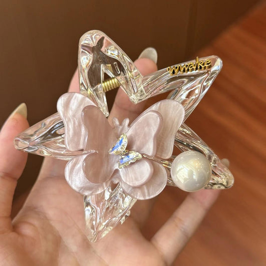 C廠【X604】韓國簡約氣質珍珠蝴蝶抓夾女甜美氛圍感後腦勺盤髮鯊魚夾髮抓頭飾
 26.07-4「C廠-單筆結帳需滿，NT$500出貨(不含運費)」