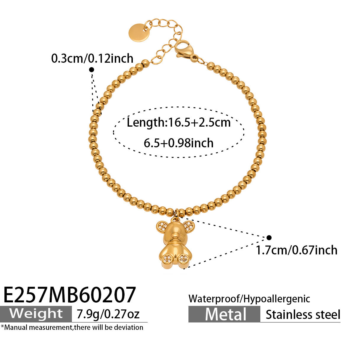 B廠【E252】歐美ins簡約時尚設計5A鋯石小熊吊墜原子手鍊不鏽鋼跨國氣質手飾
 26.03-2