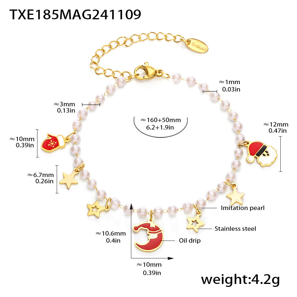 B廠【TXP185】飾品不鏽鋼滴油聖誕元素星月項鍊手工串貝珠項鍊手鍊套裝 24.11-3