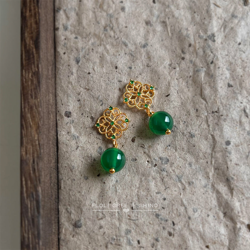 C廠【7068】國潮新中式微鑲鋯石綠瑪瑙鏤空蕾絲新款手工耳飾女
 25.11-2