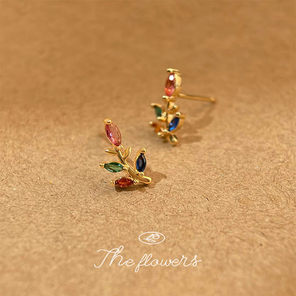 A廠【5682】迷你版~微鑲彩色鋯石小樹葉鍍14K簡約甜美清新耳環耳飾 25.03-2