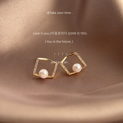 A廠【3157】微鑲鋯石幾何鏤空耳環高級感輕奢大氣時髦方形線條珍珠氣質耳飾品 25.01-2