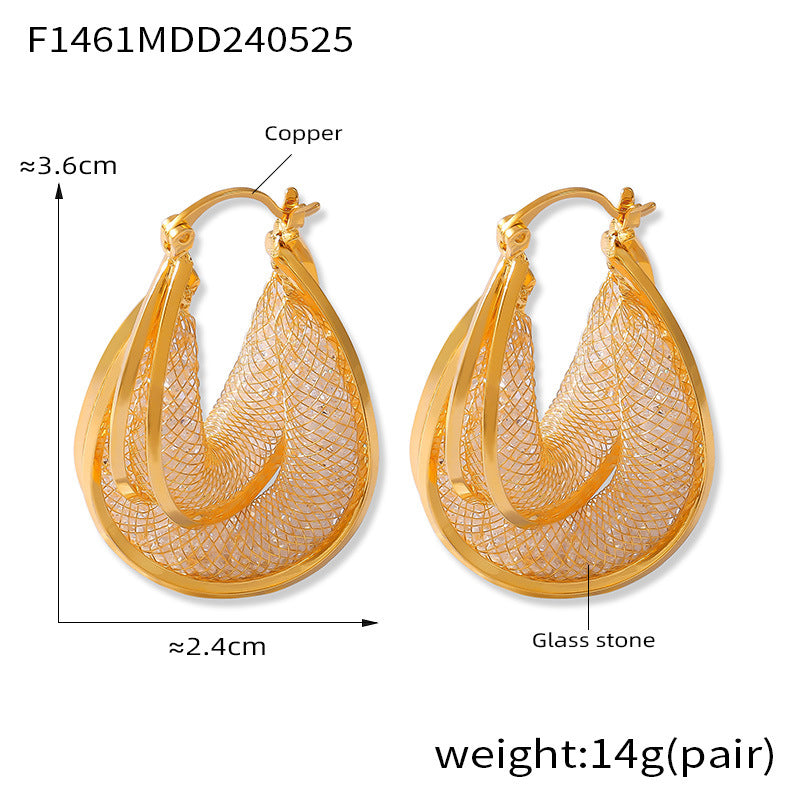 B廠【F1461】波西米亞個性輕奢耳環冷淡風超閃水鑽網紗水滴形銅材質耳扣耳飾 24.05-5