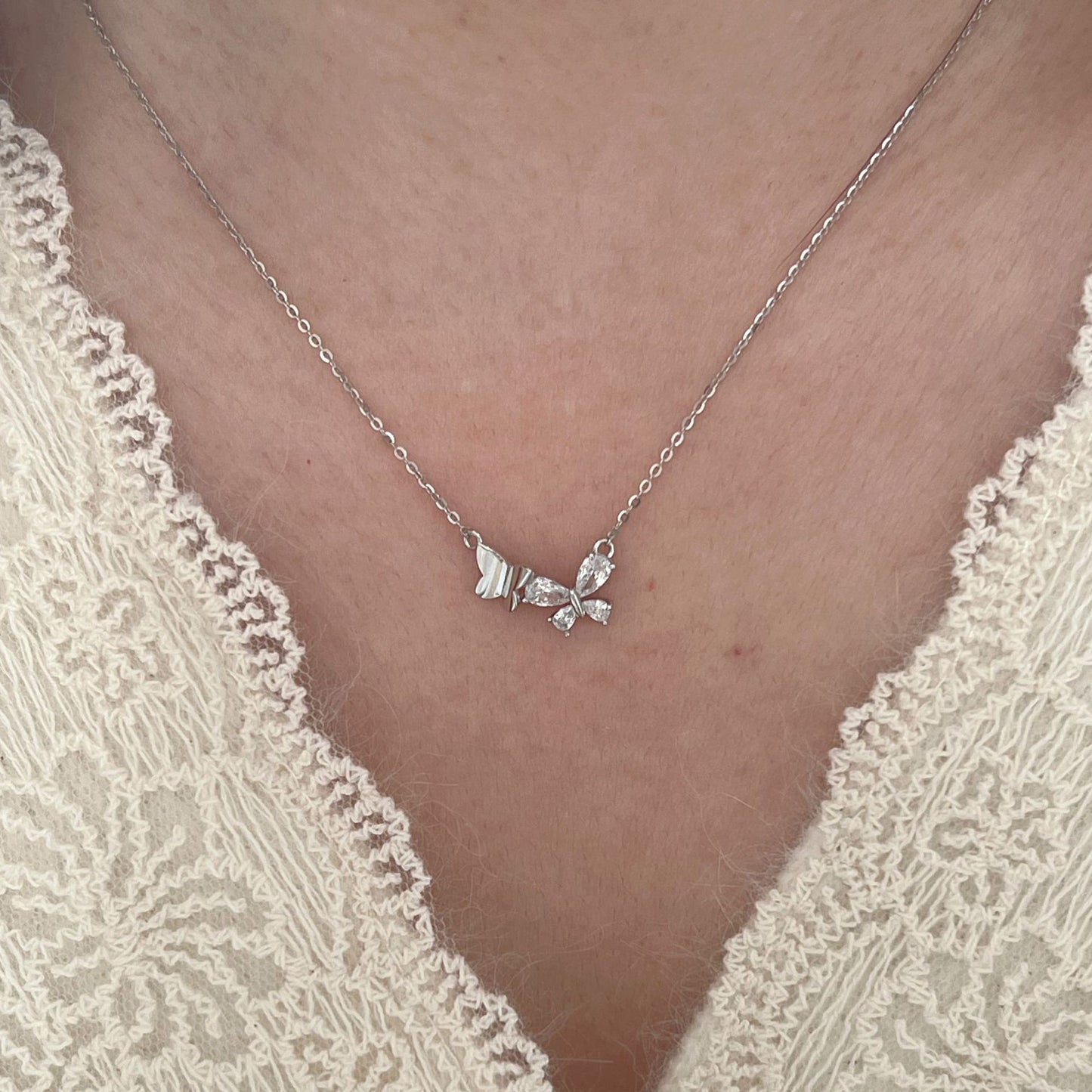 F廠【XDQ1115N】S925純銀法式高級感雙蝴蝶項鍊女簡約輕奢鑲鋯石氣質鎖骨鏈潮
 25.11-2