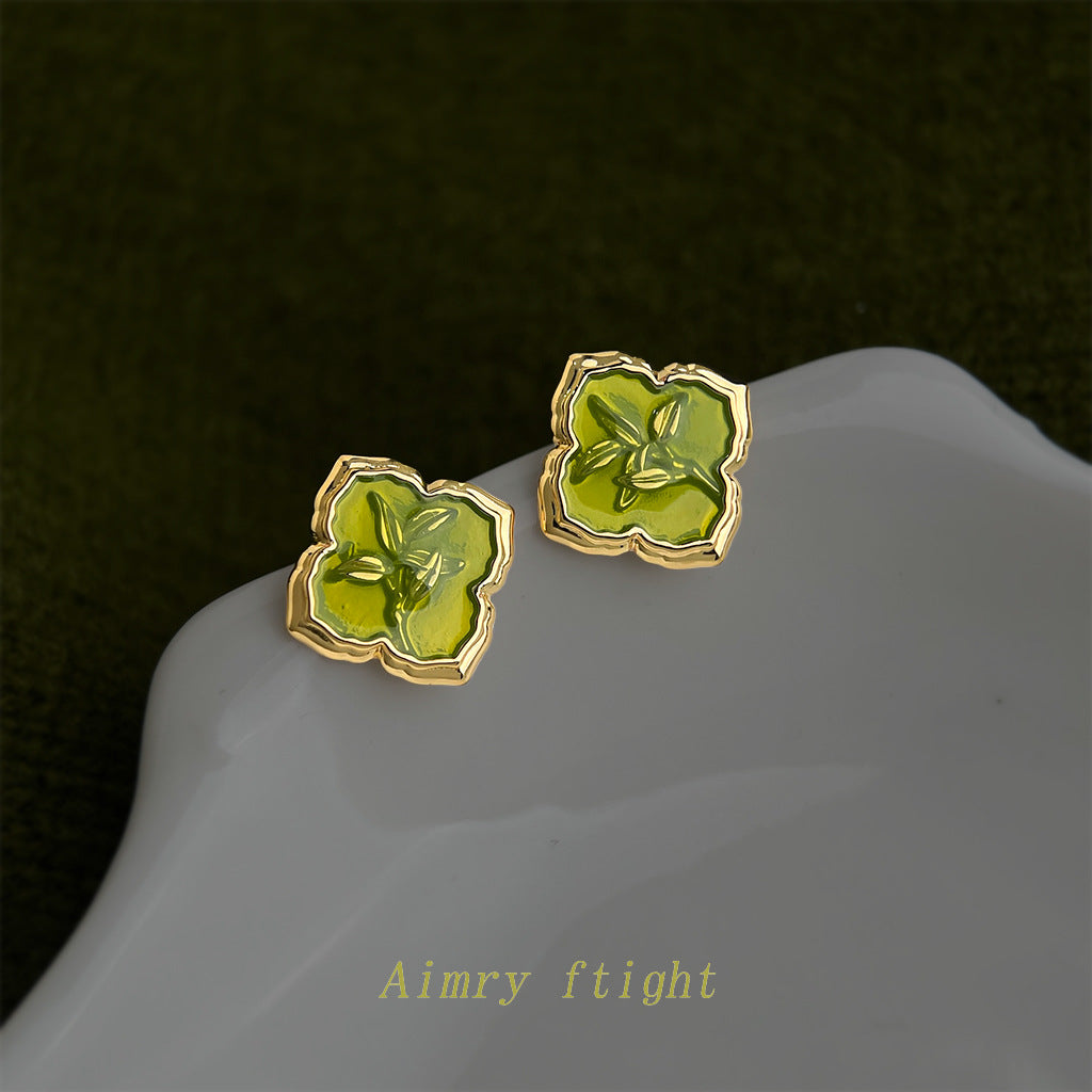 A廠【7428】春系~原創草綠色幾何高級感新中式小清新花朵耳飾新款耳環女
 26.03-2