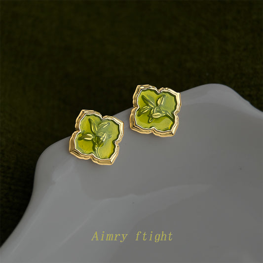 A廠【7428】春系~原創草綠色幾何高級感新中式小清新花朵耳飾新款耳環女
 26.03-2