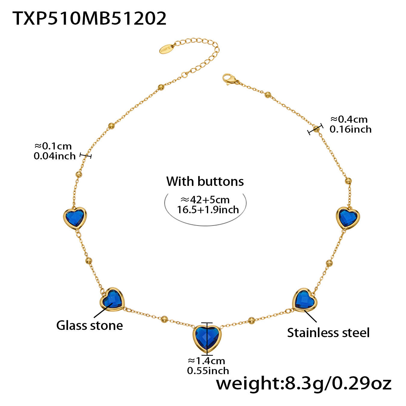 B廠【TXP510】不鏽鋼愛心切麵包邊玻璃石鋼珠項鍊手鍊耳環組鍍18k真金不掉色
 25.12-2