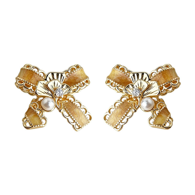 A廠【7192】原創蝴蝶結銀杏葉手工彩繪925銀針鍍14K漸變色耳飾耳環飾品女
 25.12-1