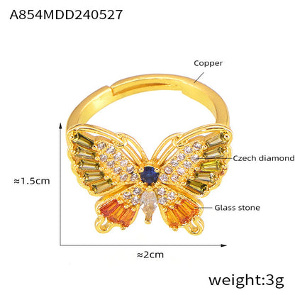 B廠【A854】歐美跨國爆款多色鑲鑽蝴蝶戒指時尚ins氣質銅鍍18K金開口指環 24.06-1