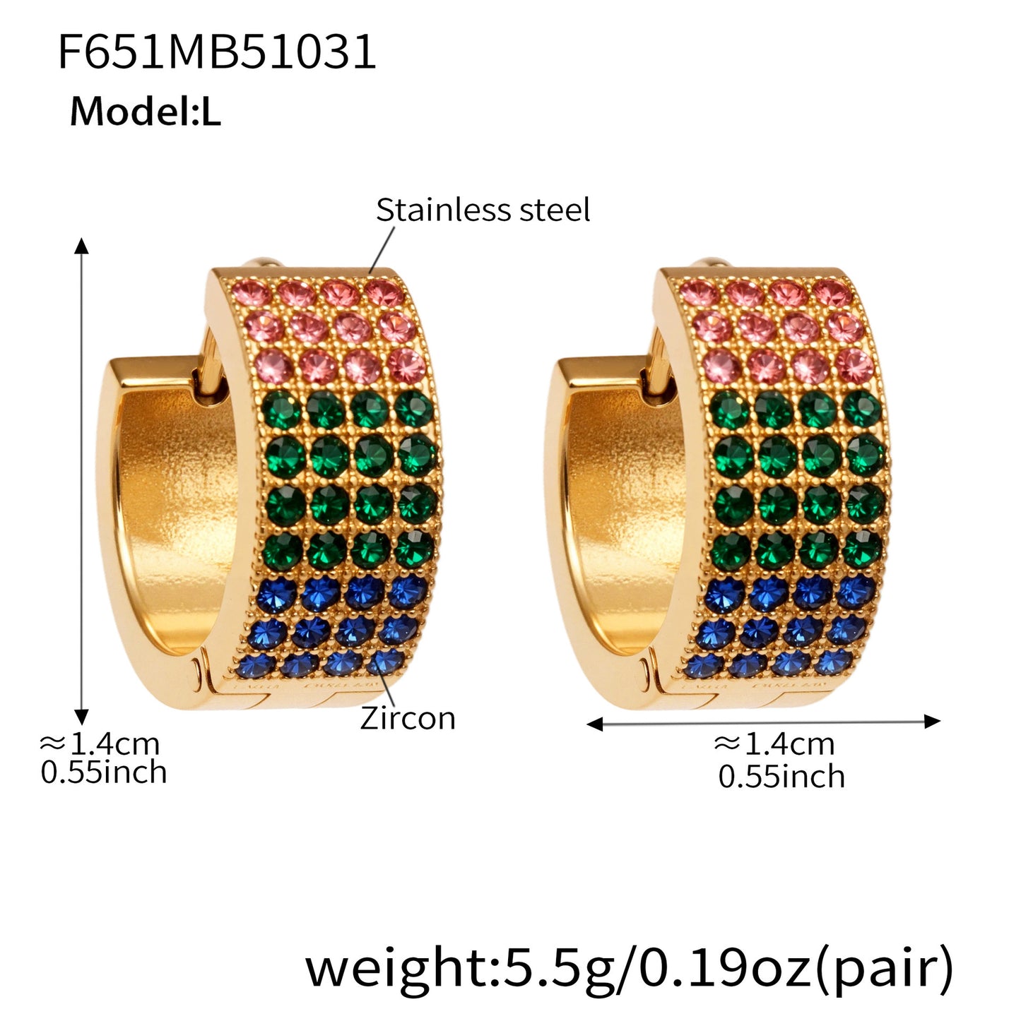 B廠【F651】彩鑽四排鋯石精緻卡扣耳環不鏽鋼鍍18k金時尚百搭個性耳飾
 25.11-1
