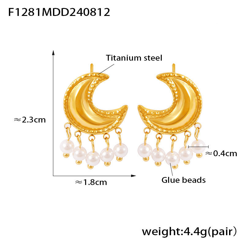 B廠【F1281】歐美ins風氣質輕奢感月亮流蘇仿珍珠耳環 小眾不規則幾何鈦鋼耳飾 24.08-3