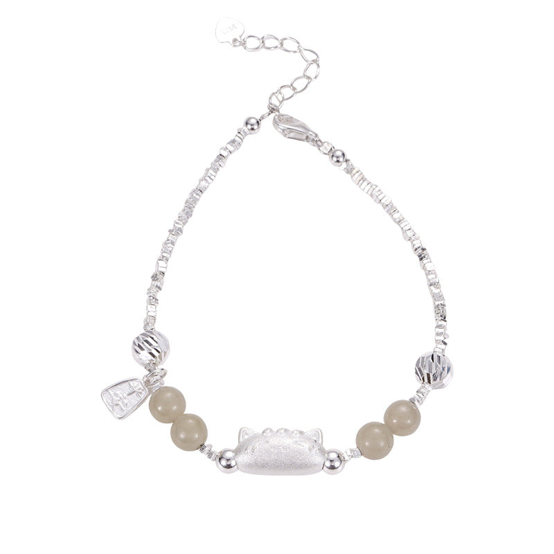 F廠【DQ0493S】S925純銀法棍貓天然與田玉手鍊S925純銀碎銀子小眾精緻手飾女
 25.10-4