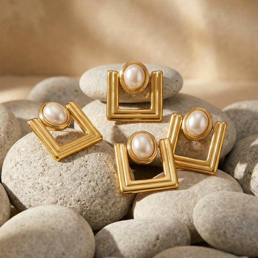 B廠【F221】歐美ins小眾設計感幾何方型仿珍珠耳環不鏽鋼鍍18k真金耳環不掉色
 26.04-3