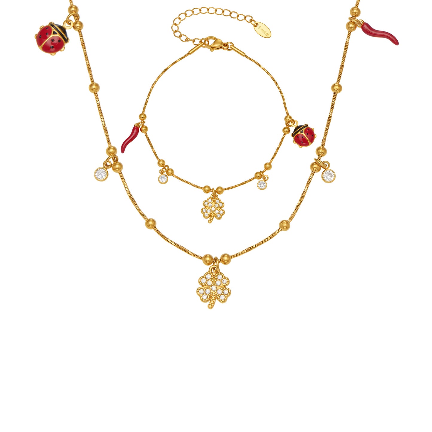 B廠【TXP502】不鏽鋼5A鋯石幸運草瓢蟲多配件手鍊項鍊首飾組鍍18k真金不掉色
 25.11-4